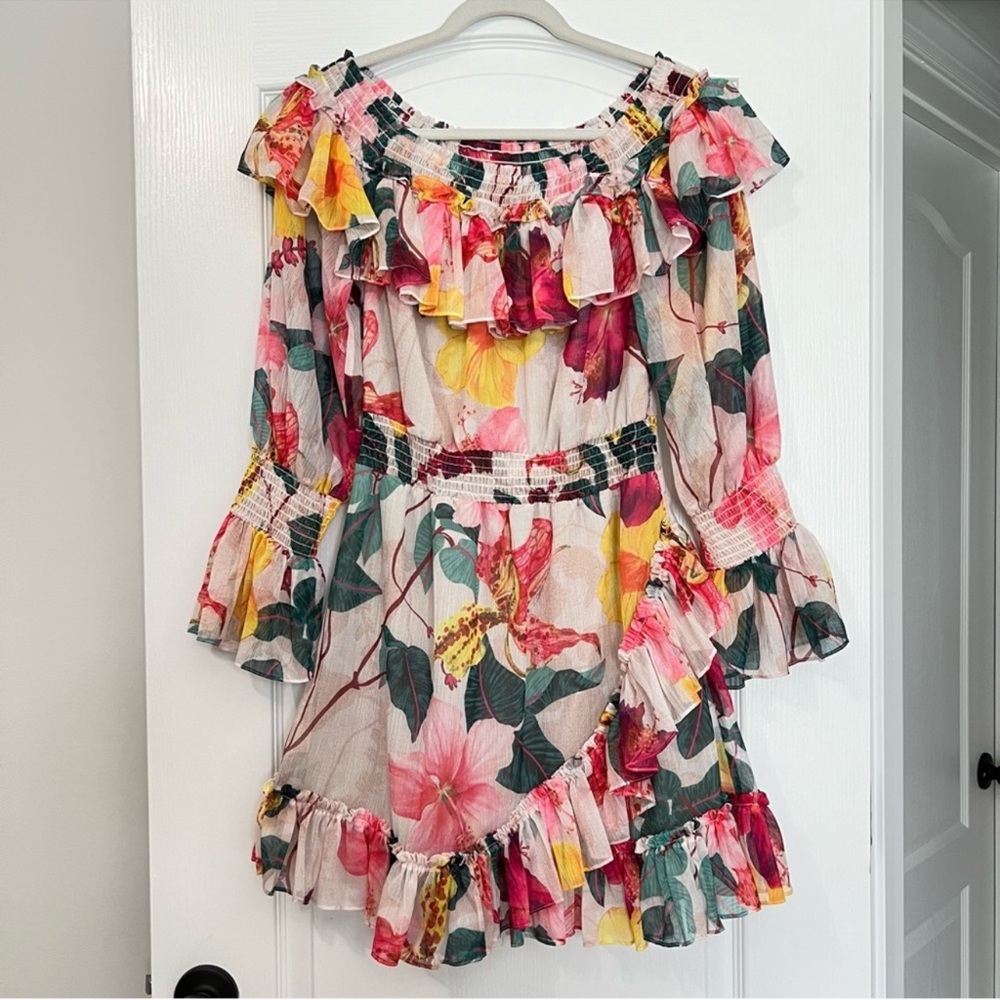 PatBO Pink & Yellow Floral Off the Shoulder Long Sleeve Ruffle Dress